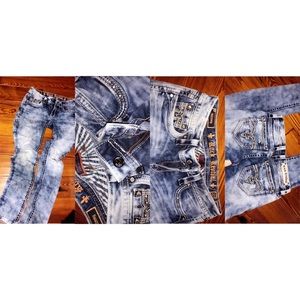 rock revival distressed, acid wash, skinny jeans.